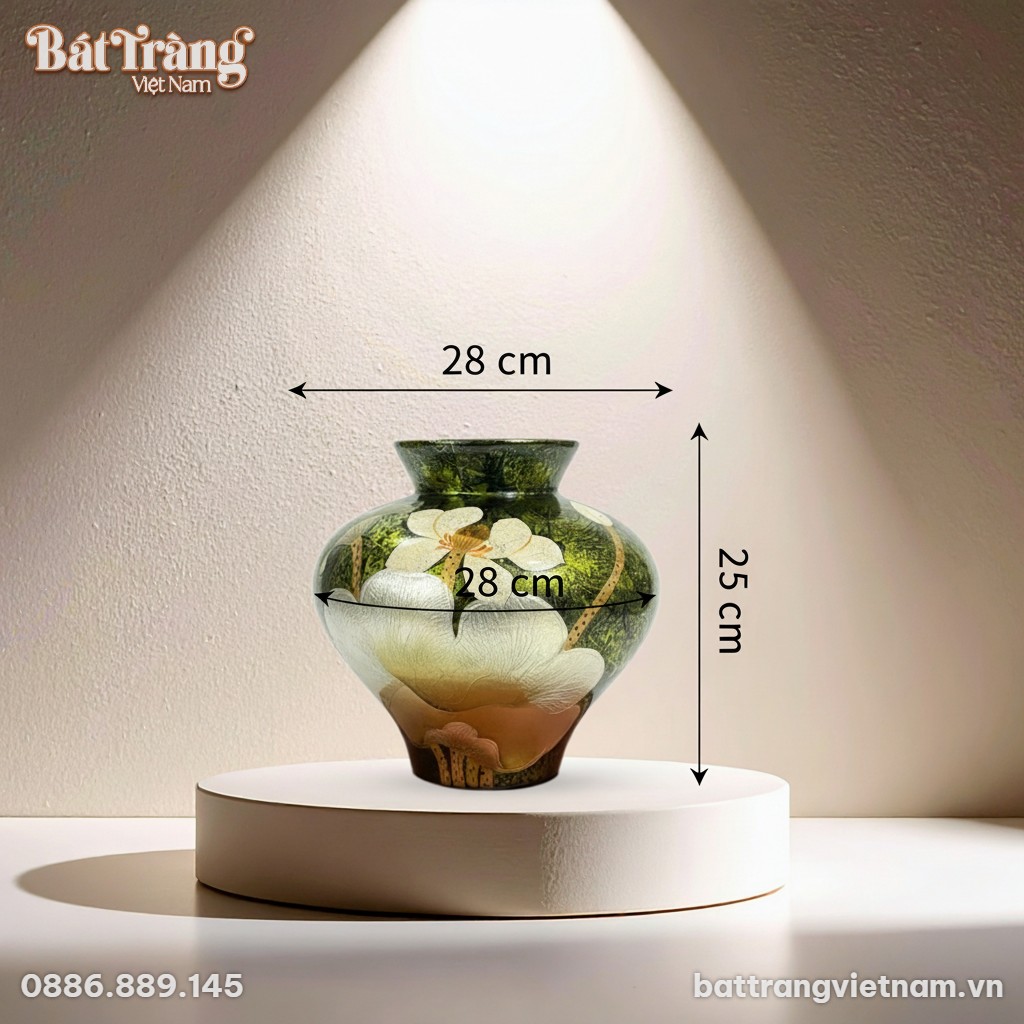 K&iacute;ch thước Lọ hoa ph&igrave;nh cổ nhỏ khảm gốm hoạ tiết sen BT-LHS12