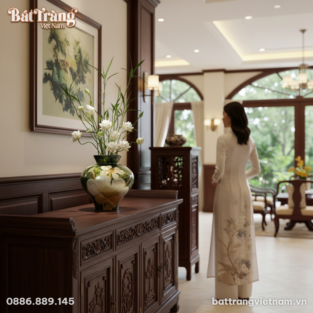 Lọ hoa gốm B&aacute;t Tr&agrave;ng họa tiết sen, cao 25cm, rộ...