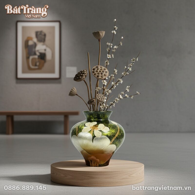 Cận cảnh lọ hoa gốm Bát Tràng họa tiết sen, cao...