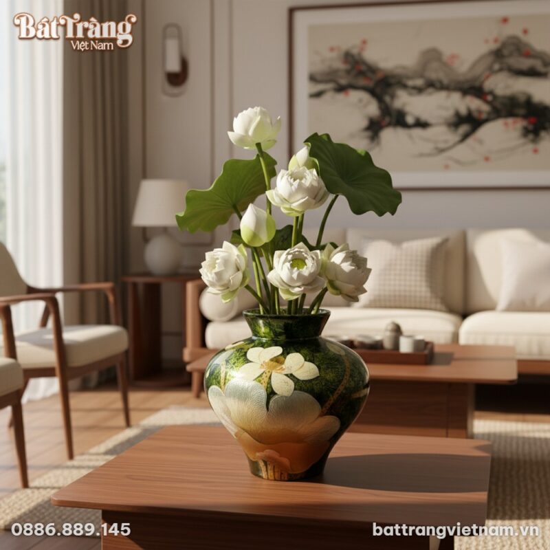 Lọ hoa gốm Bát Tràng họa tiết sen, cao 25cm, rộ...