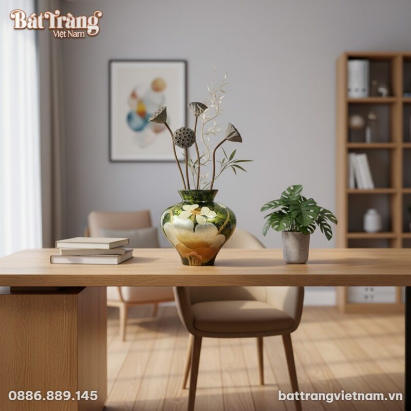 Lọ hoa gốm Bát Tràng họa tiết sen, cao 25cm, rộ...