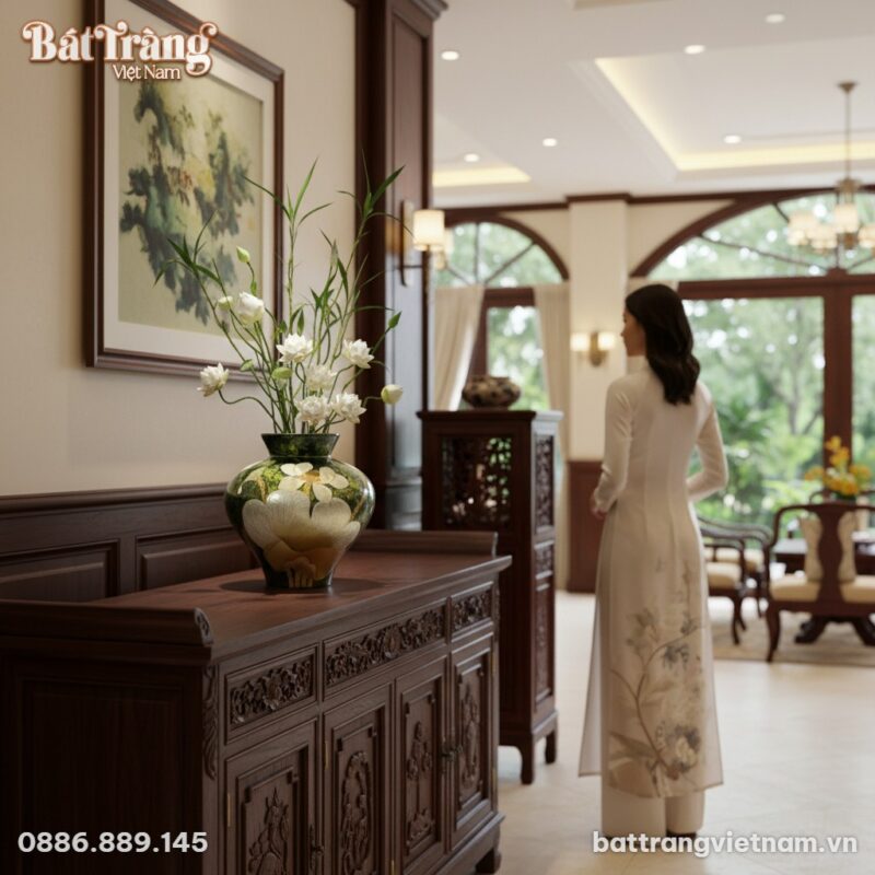 Lọ hoa gốm Bát Tràng họa tiết sen, cao 25cm, rộ...