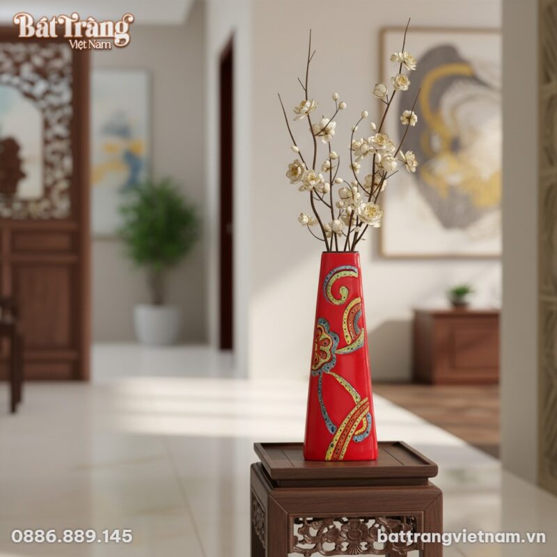 Góc chụp cận cảnh lọ hoa tam giác màu đỏ hoạ ti...