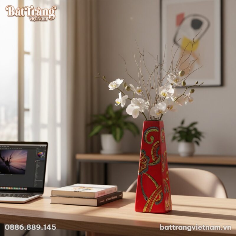 Lọ hoa tam giác màu đỏ hoạ tiết đa sắc cao 35cm...