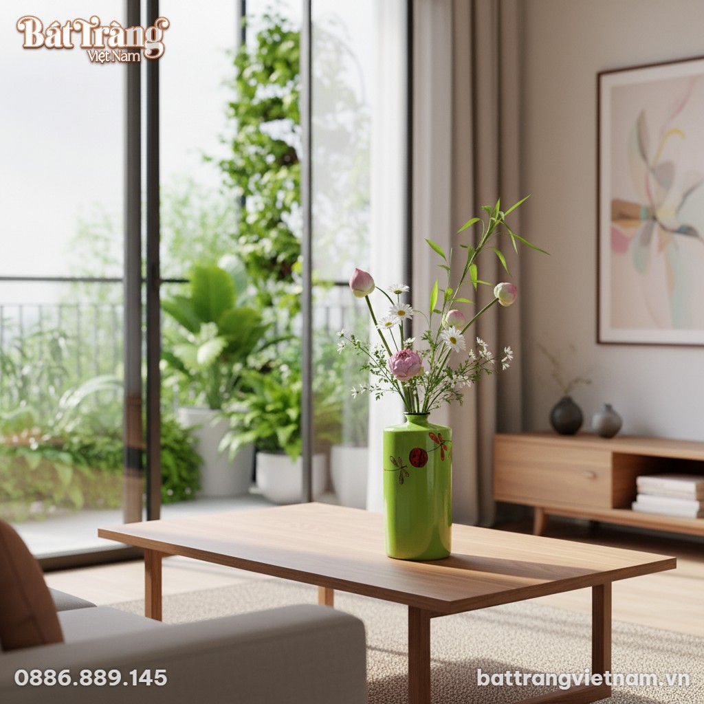 Lọ hoa gốm sứ Bát Tràng trụ vai tròn màu xanh l...