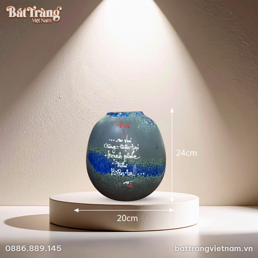 K&iacute;ch thước Lọ hoa v&ograve; tr&ograve;n thấp men hoả biến chữ An BT-LGS24