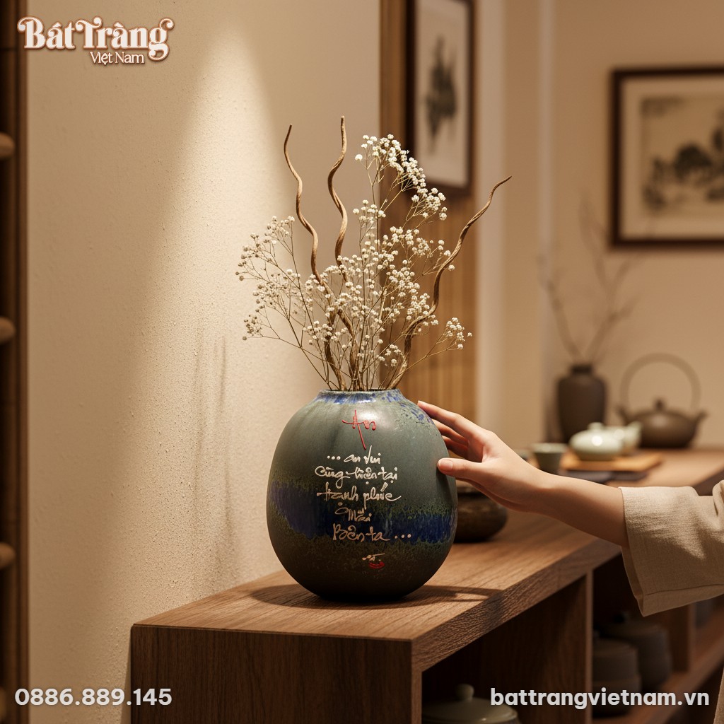 G&oacute;c nh&igrave;n cận cảnh một chiếc lọ hoa gốm B&aacute;t Tr&agrave;n...