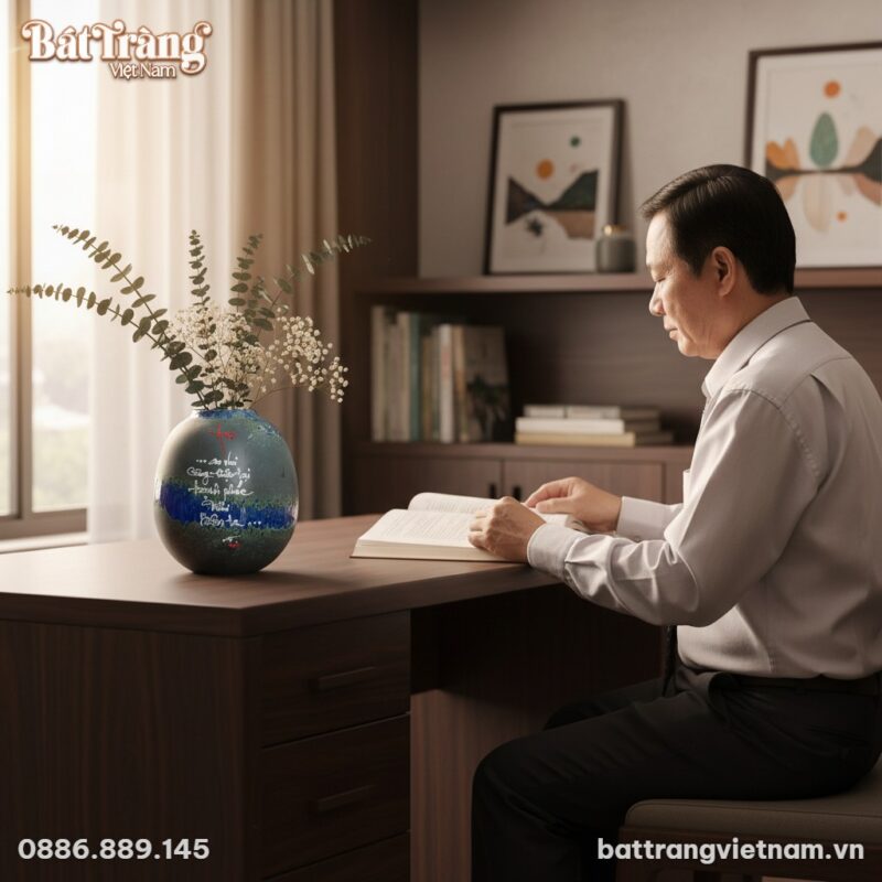 Lọ hoa gốm Bát Tràng men hoả biến chữ An cao 24...