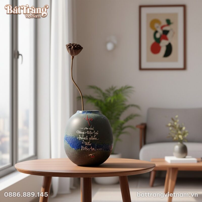 Một chiếc lọ hoa gốm Bát Tràng men hoả biến chữ...