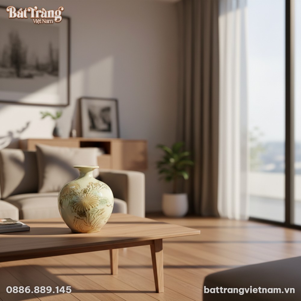 Lọ h&uacute;t lộc men rạn 21cm đặt tinh tế tr&ecirc;n b&agrave;n tr...