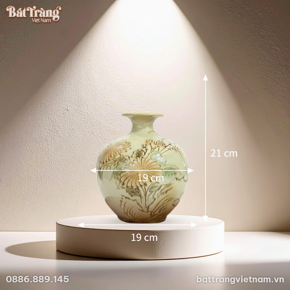 K&iacute;ch thước Lọ h&uacute;t lộc men ngọc vẽ hoa ph&ugrave; dung BT-LHS04