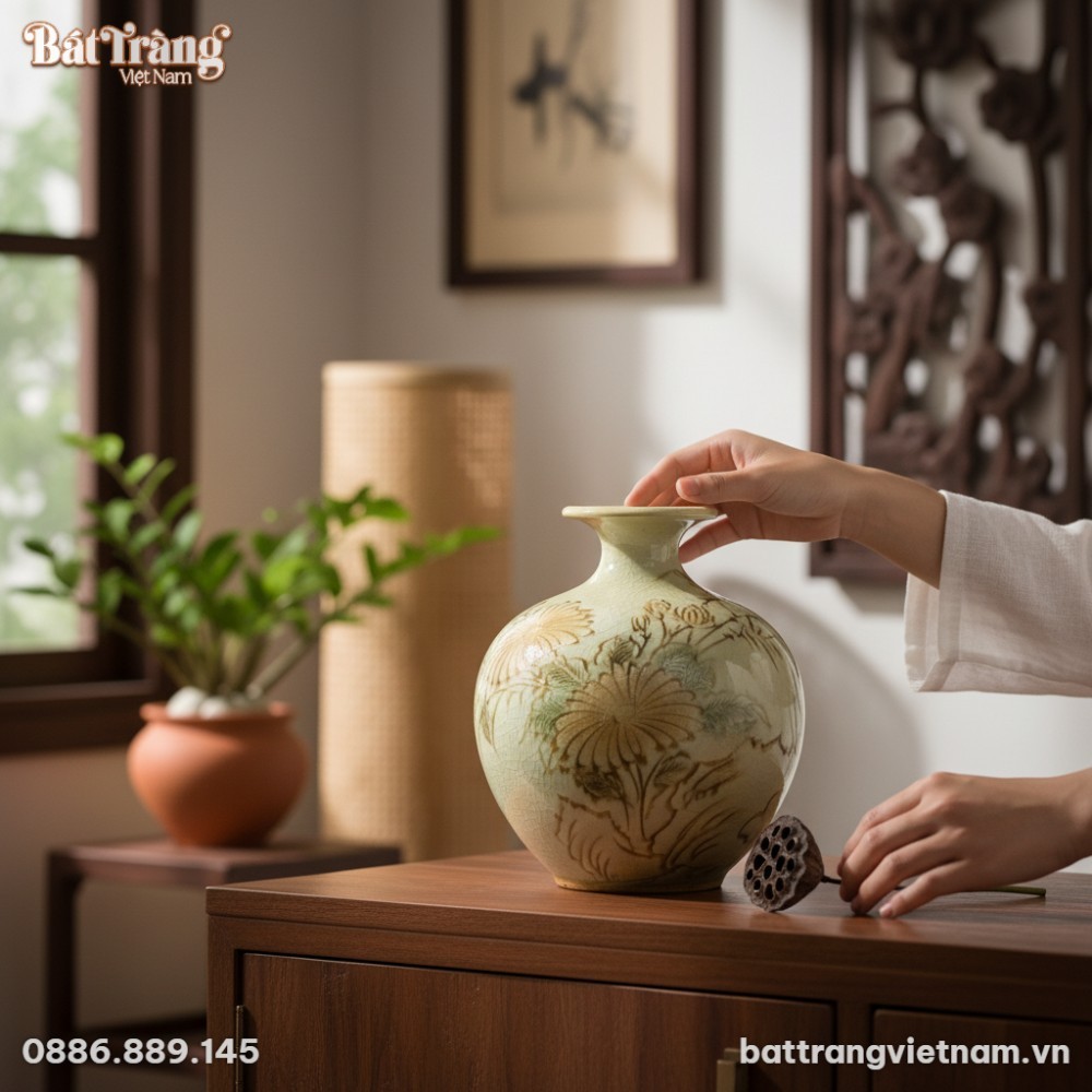 Lọ h&uacute;t lộc men rạn 21cm đặt tinh xảo tr&ecirc;n đ&ocirc;n g...