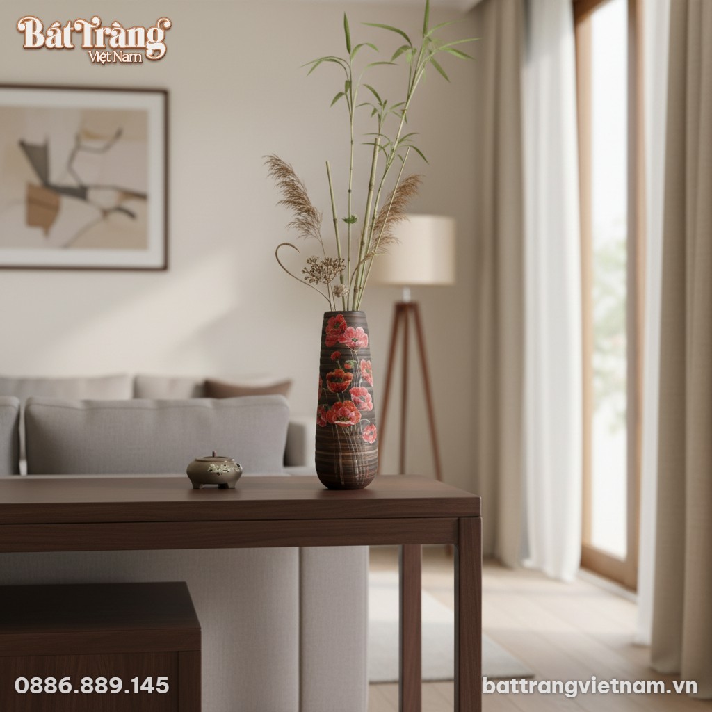 Lọ l&ograve; xo vẽ hoa men n&acirc;u gốm mộc BT-LGS21 đặt ti...