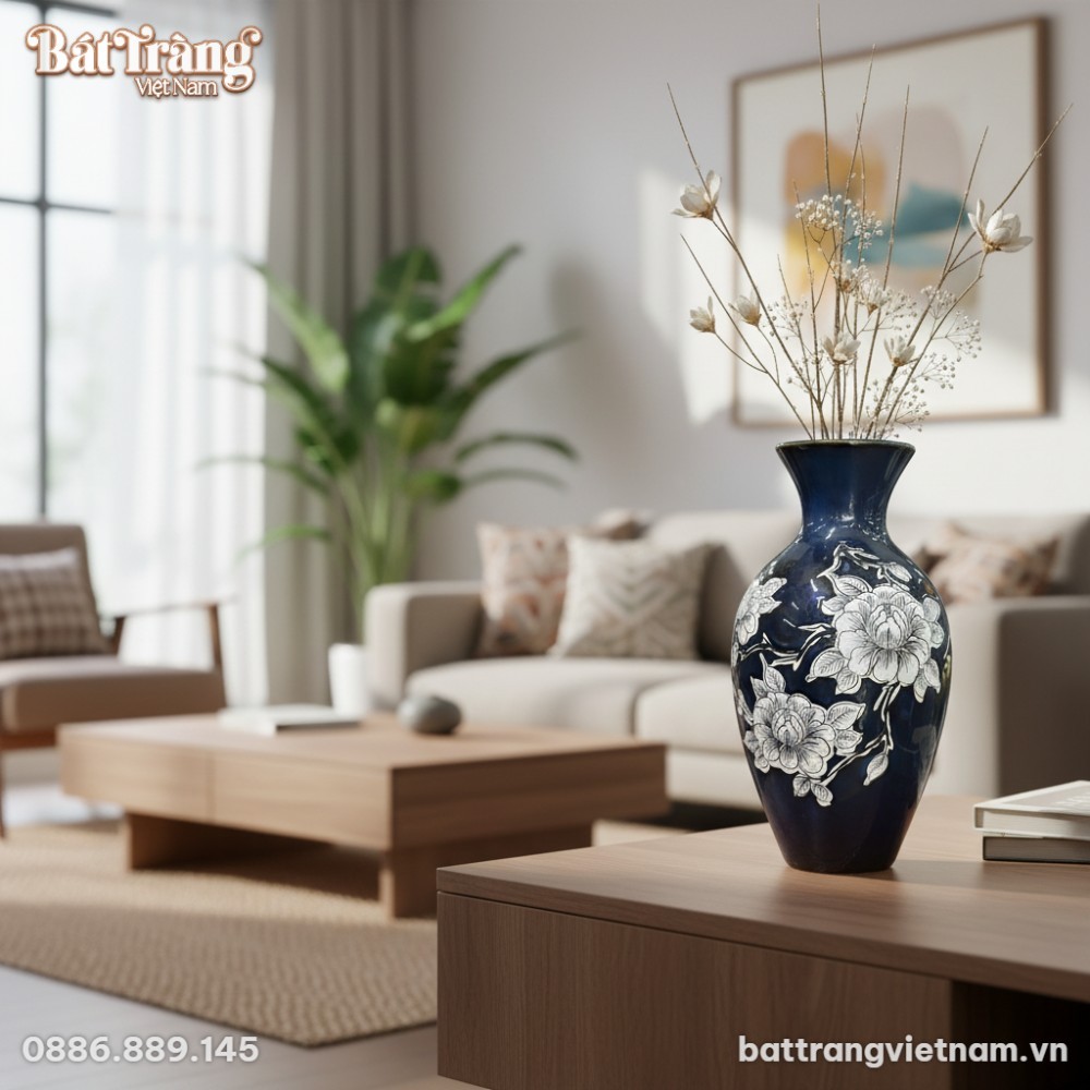 Một lọ lộc b&igrave;nh gốm sứ B&aacute;t Tr&agrave;ng men lam 34cm đ...