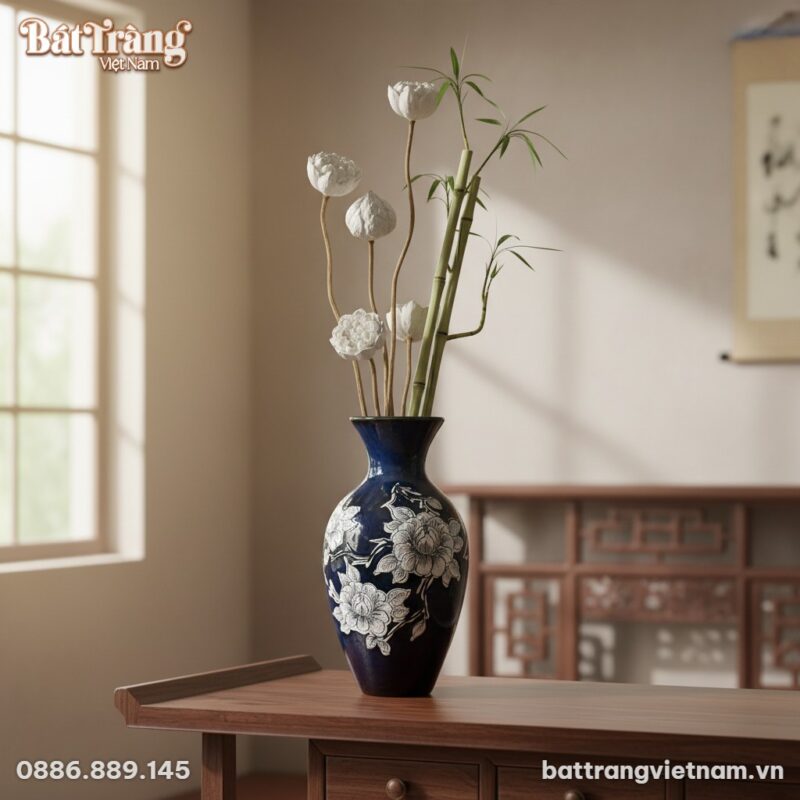 Cận cảnh lọ lộc bình gốm sứ Bát Tràng men lam b...