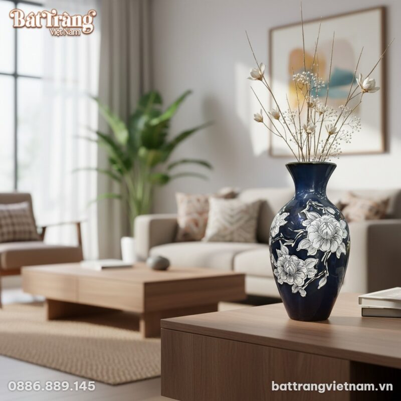 Một lọ lộc bình gốm sứ Bát Tràng men lam 34cm đ...