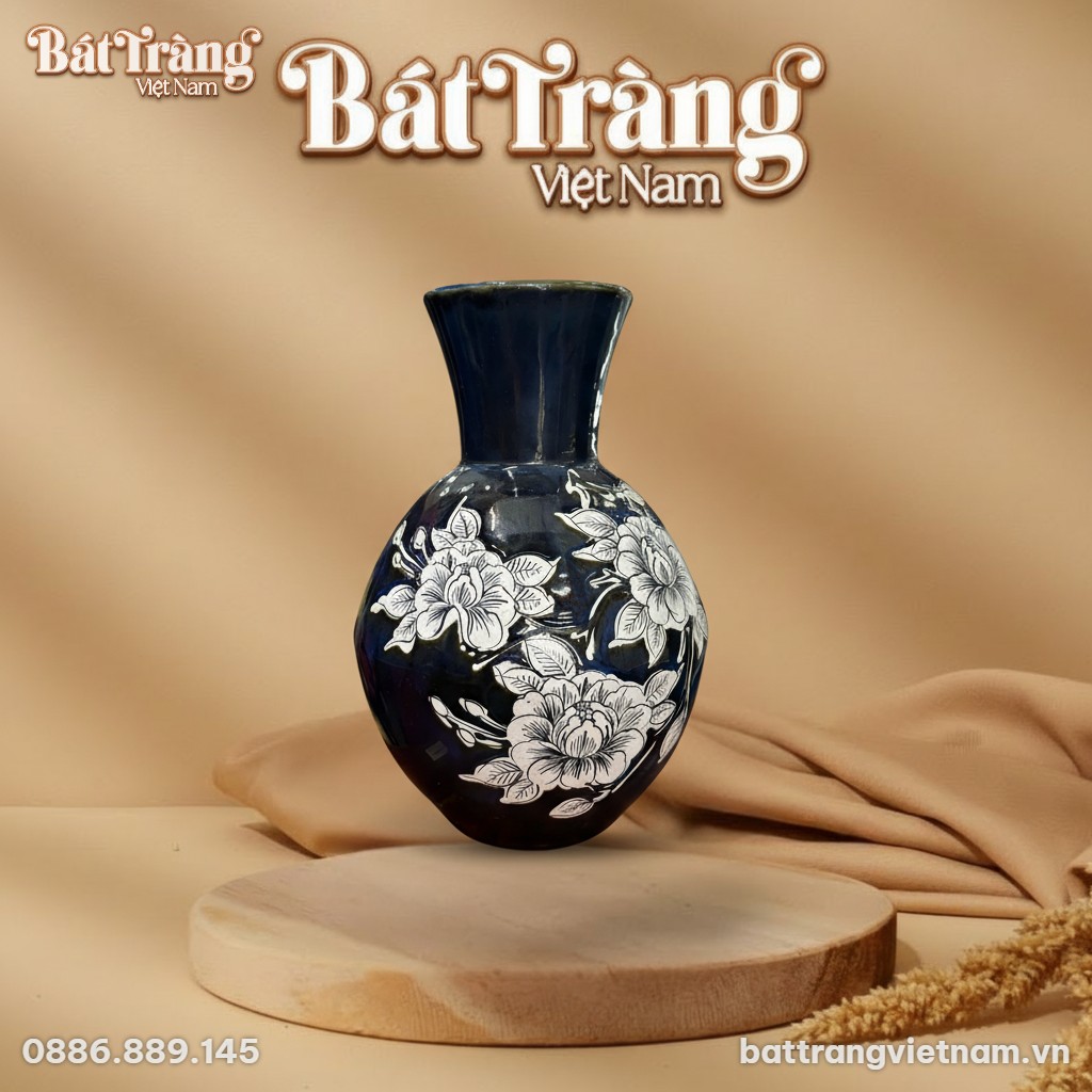 Lọ lộc b&igrave;nh vẽ hoạ tiết vẽ hoa xanh đen BT-LHS19