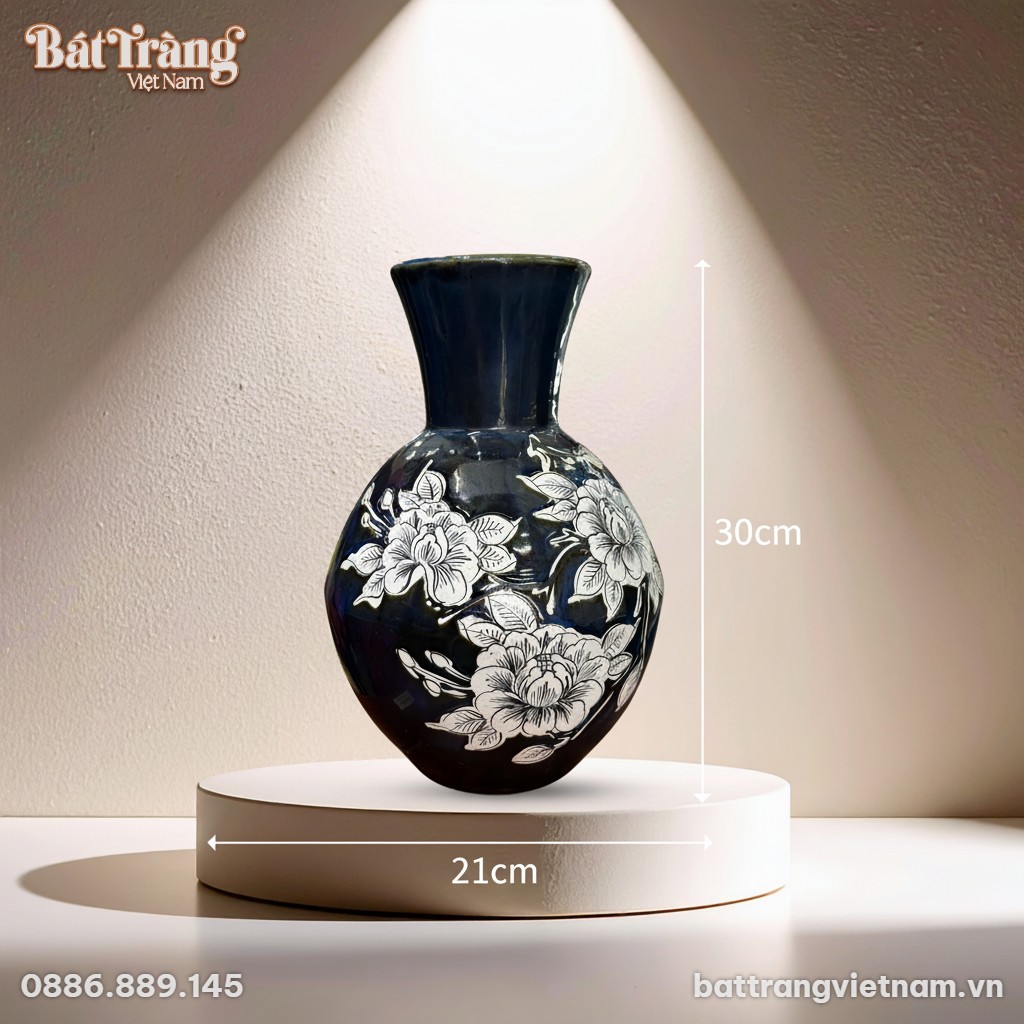 K&iacute;ch thước Lọ lộc b&igrave;nh vẽ hoạ tiết vẽ hoa xanh đen BT-LHS19