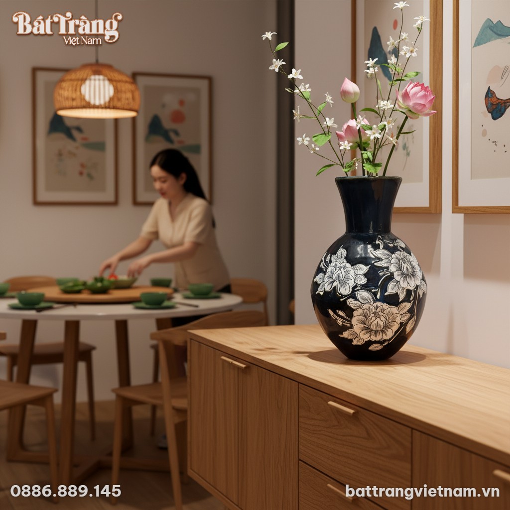 Một lọ lộc b&igrave;nh B&aacute;t Tr&agrave;ng cao 30cm với men đen ...