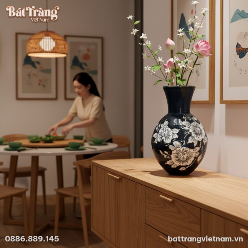 Một lọ lộc bình Bát Tràng cao 30cm với men đen ...