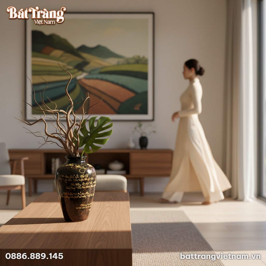 Một lọ lục b&igrave;nh B&aacute;t Tr&agrave;ng men đen thư ph&aacute;p v&agrave;ng...