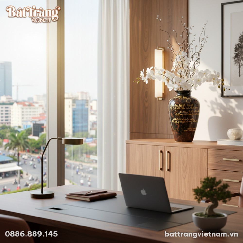 Lọ lục b&igrave;nh gốm sứ B&aacute;t Tr&agrave;ng men đen thư ph&aacute;p v...