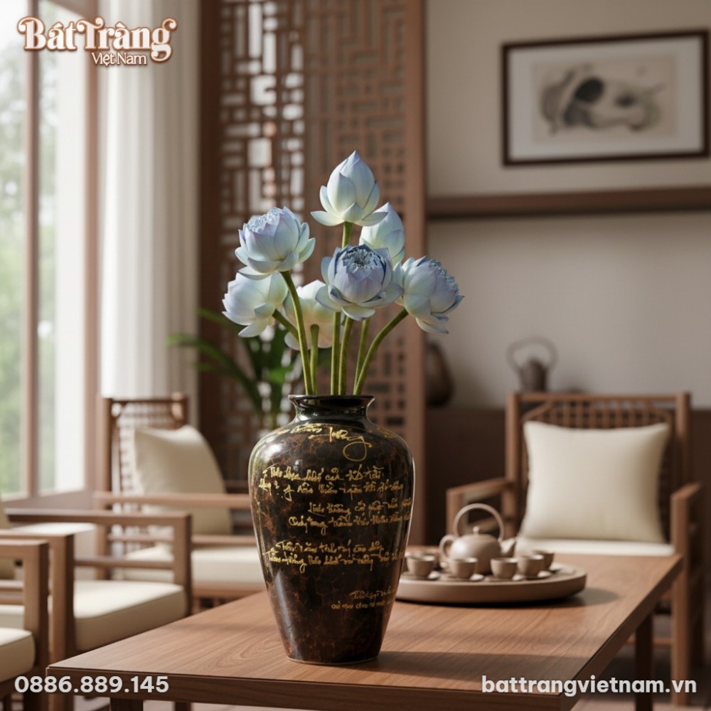 Lọ lục b&igrave;nh gốm sứ B&aacute;t Tr&agrave;ng men đen thư ph&aacute;p v...