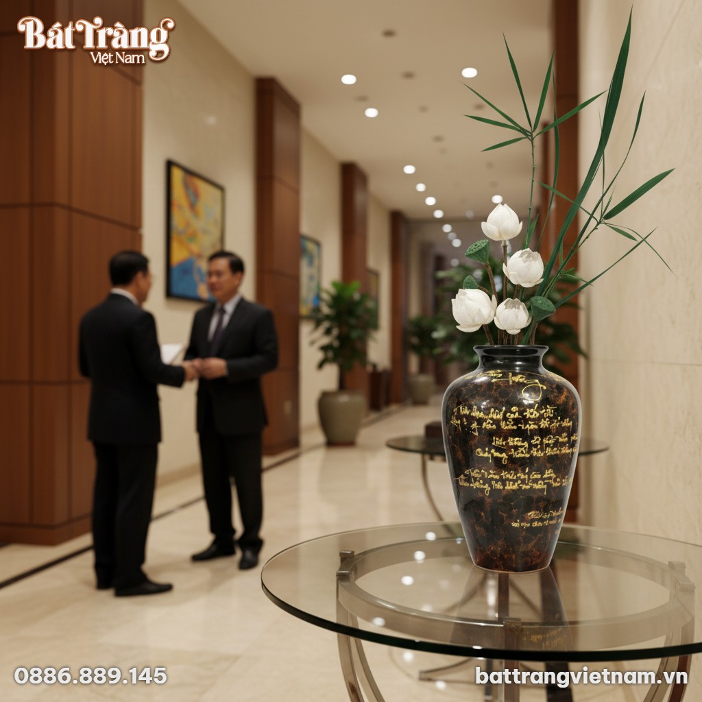 Lọ lục b&igrave;nh gốm sứ B&aacute;t Tr&agrave;ng men đen thư ph&aacute;p v...