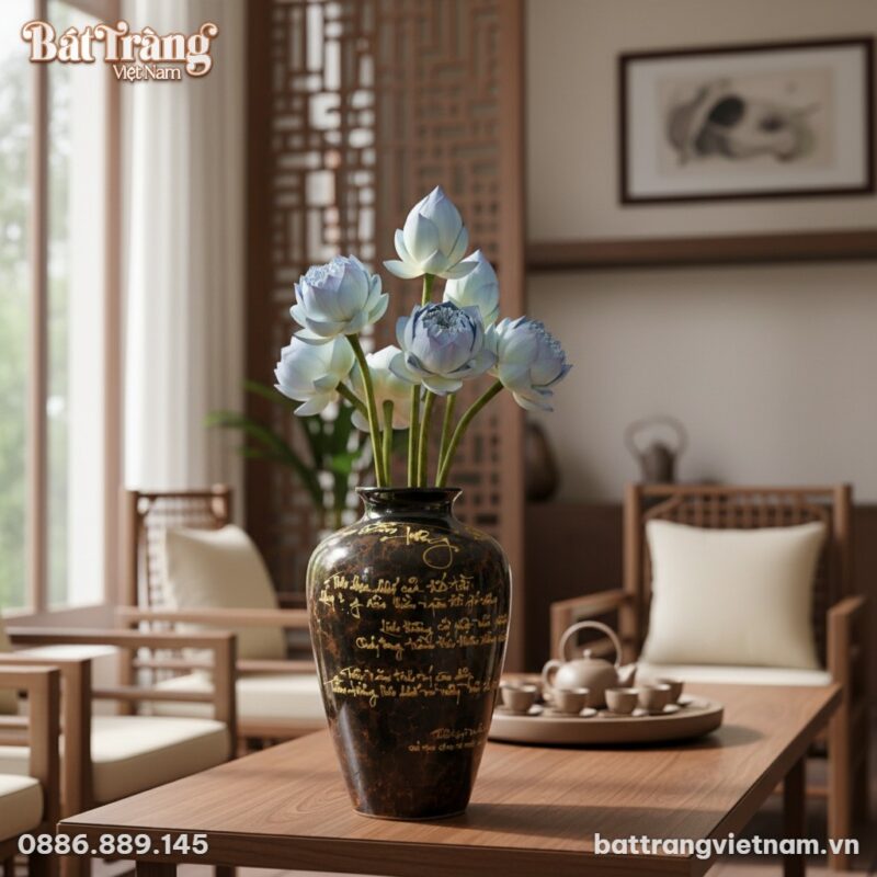 Lọ lục bình gốm sứ Bát Tràng men đen thư pháp v...