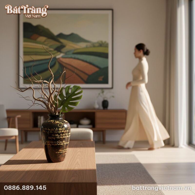 Một lọ lục bình Bát Tràng men đen thư pháp vàng...