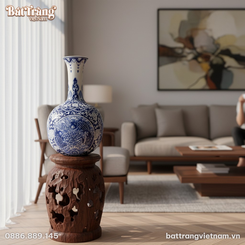 Lọ gốm sứ B&aacute;t Tr&agrave;ng men lam BT-TB13 cao 49cm đặ...