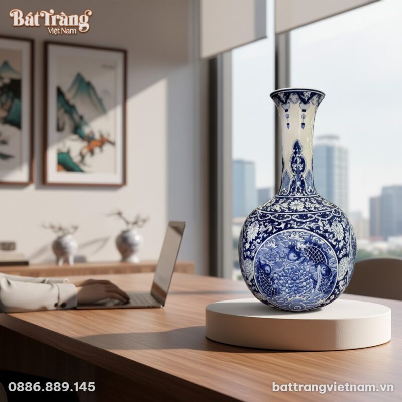 Cận cảnh lọ gốm sứ Bát Tràng men lam BT-TB13 ca...