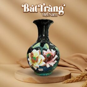 Lọ tỏi tròn màu đen vẽ hoa sen cao 47cm  BT-TB12