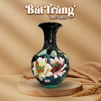 Lọ tỏi tròn màu đen vẽ hoa sen cao 47cm BT-TB12 - Ảnh đại diện