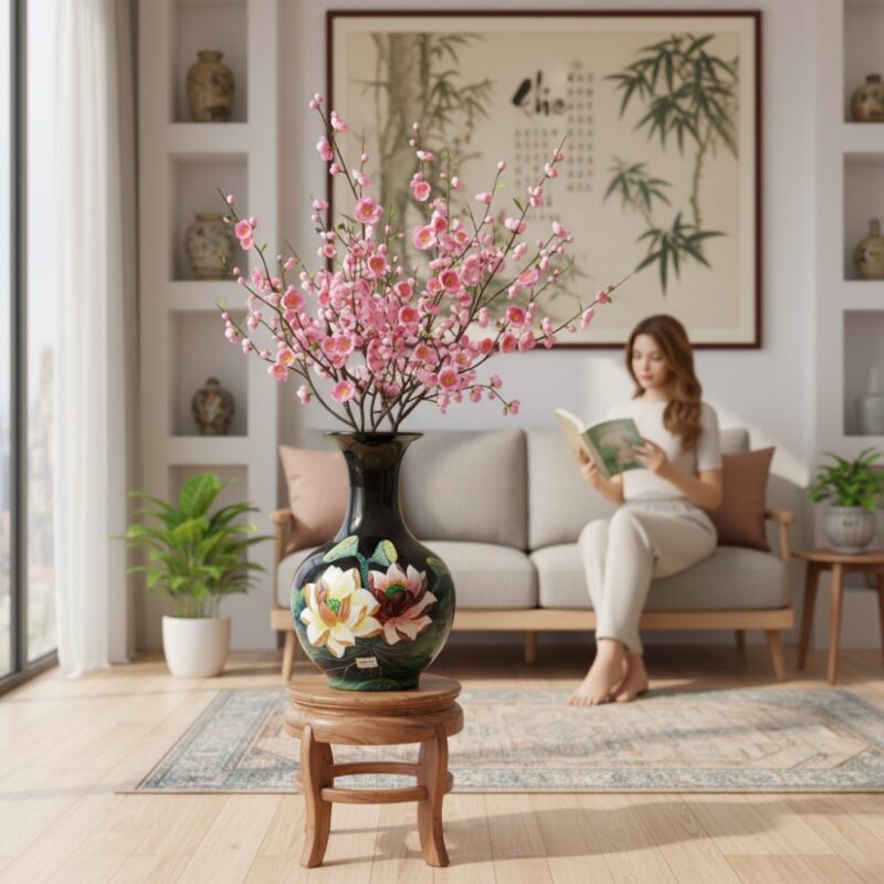 Lọ tỏi đen hoa sen cao 47cm đặt trên đôn gỗ thấ... Lọ tỏi đen hoa sen cao 47cm đặt trên đôn gỗ thấ...