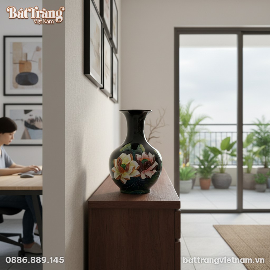 Lọ tỏi đen hoa sen 47cm đặt trang trọng trên tủ...