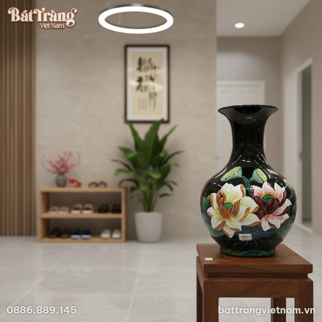 Lọ tỏi đen hoa sen cao 47cm đặt tinh xảo trên đ...