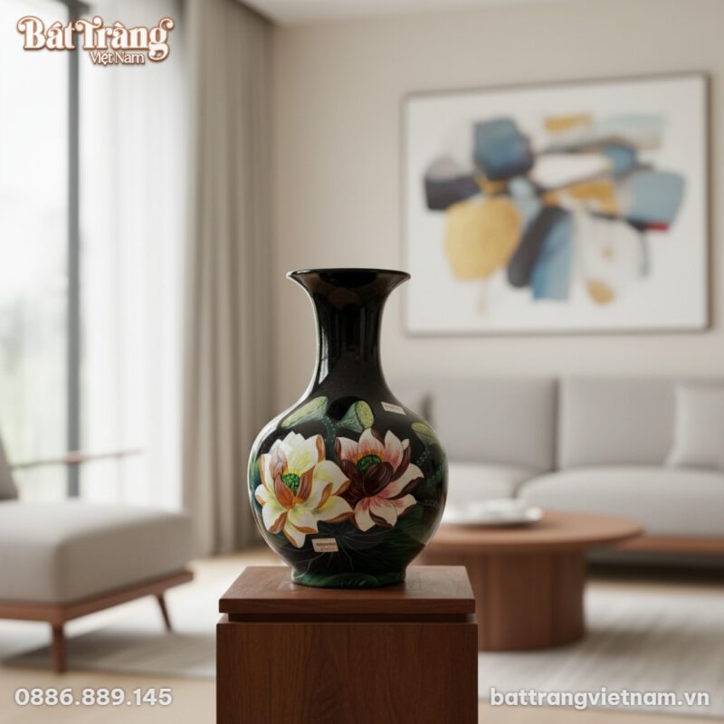 Ảnh cận cảnh lọ tỏi đen hoa sen 47cm, làm nổi b... Ảnh cận cảnh lọ tỏi đen hoa sen 47cm, làm nổi b...