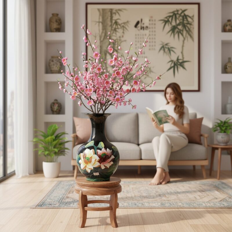 Lọ tỏi đen hoa sen cao 47cm đặt trên đôn gỗ thấ... Lọ tỏi đen hoa sen cao 47cm đặt trên đôn gỗ thấ...