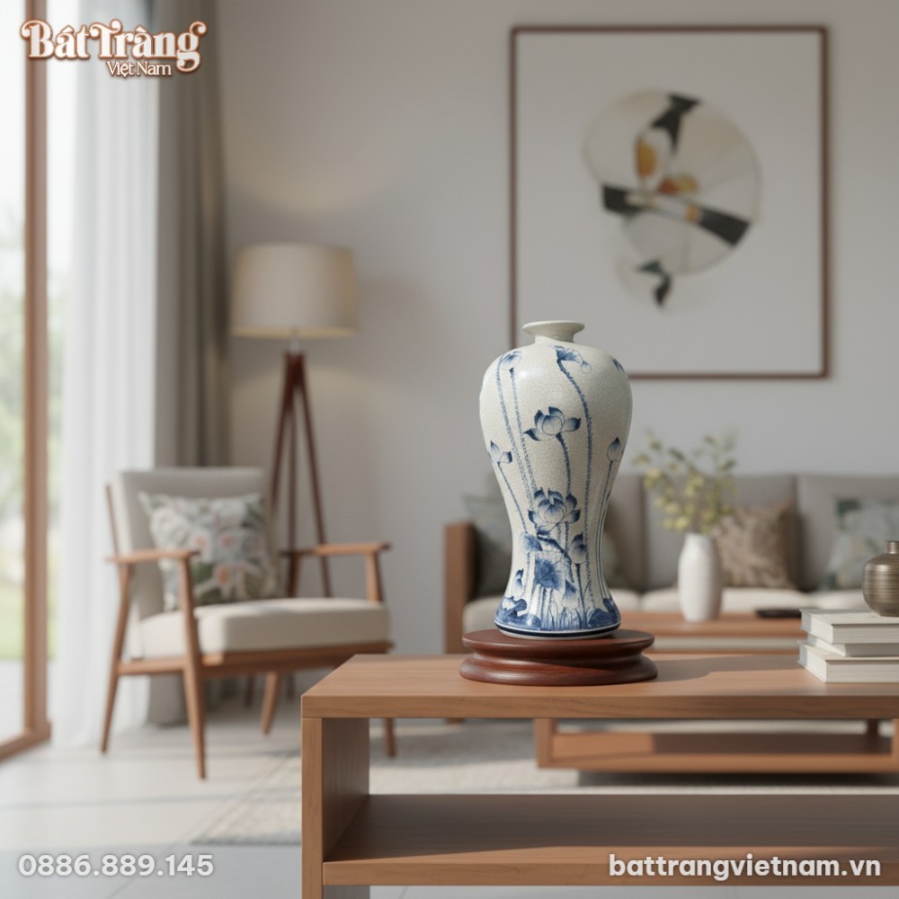 Một chiếc b&igrave;nh Mai B&igrave;nh T&iacute;ch Lộc men rạn vẽ hoa...