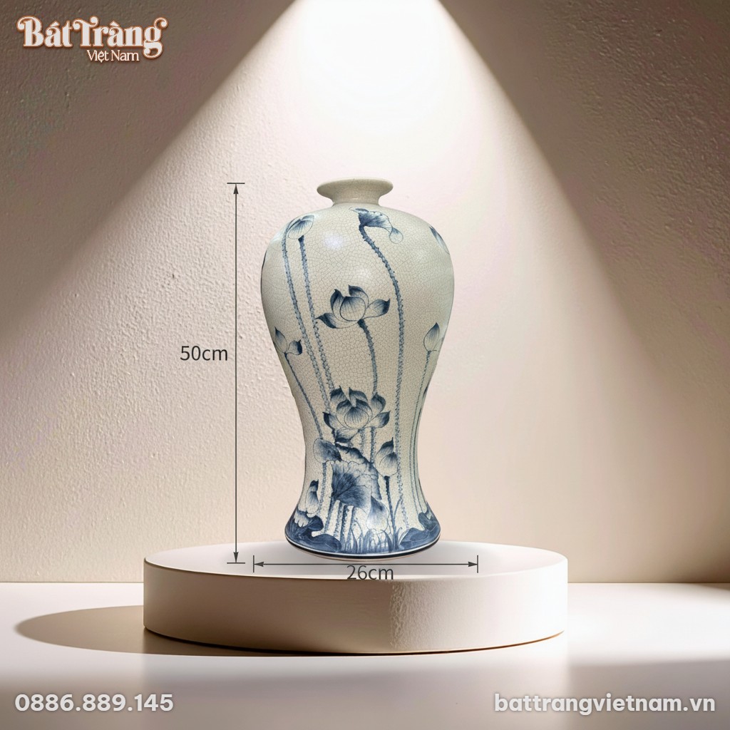 K&iacute;ch thước Mai b&igrave;nh t&iacute;ch lộc men rạn vẽ hoa sen BT-MB20