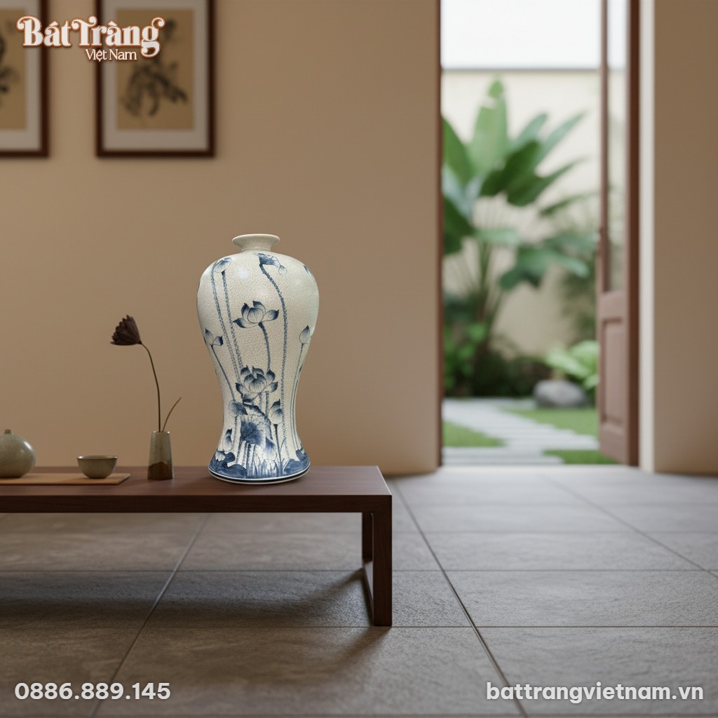 B&igrave;nh Mai B&igrave;nh T&iacute;ch Lộc men rạn vẽ hoa sen cao 5...