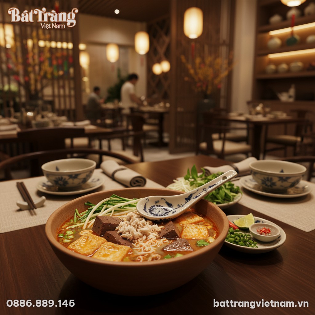 Chiếc th&igrave;a gốm B&aacute;t Tr&agrave;ng hoa lam tr&ecirc;n b&agrave;n ăn tr...