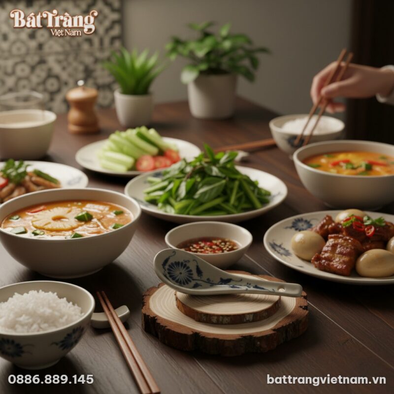 Cận cảnh chiếc thìa canh gốm Bát Tràng hoa lam ...