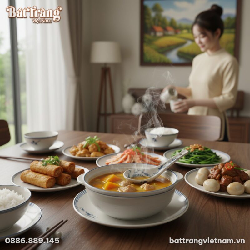 Một chiếc thìa gốm Bát Tràng hoa lam đặt tinh t...