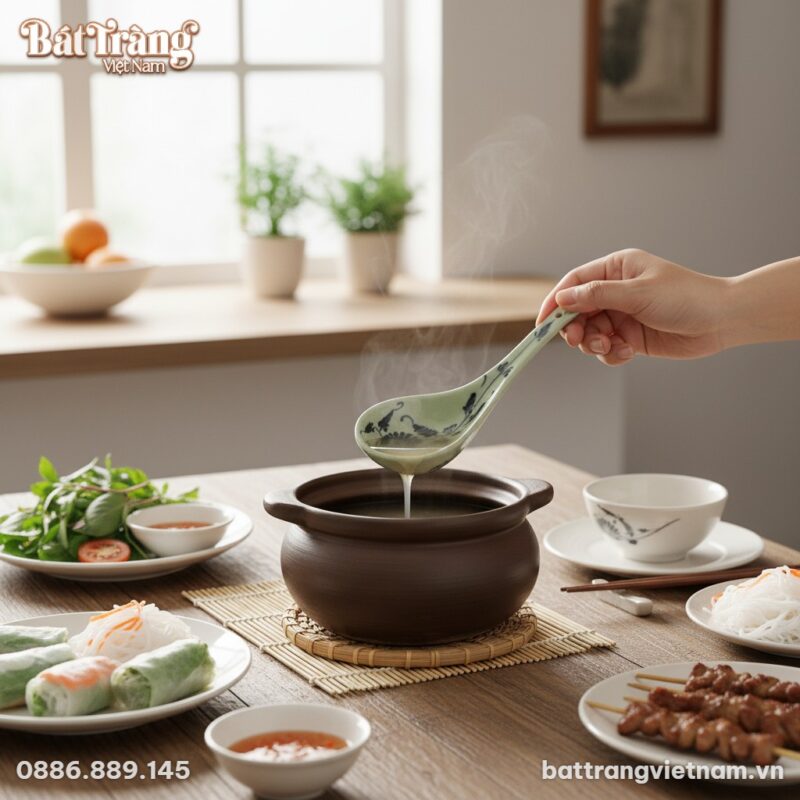 Đôi tay của một người đang nhẹ nhàng múc canh t...