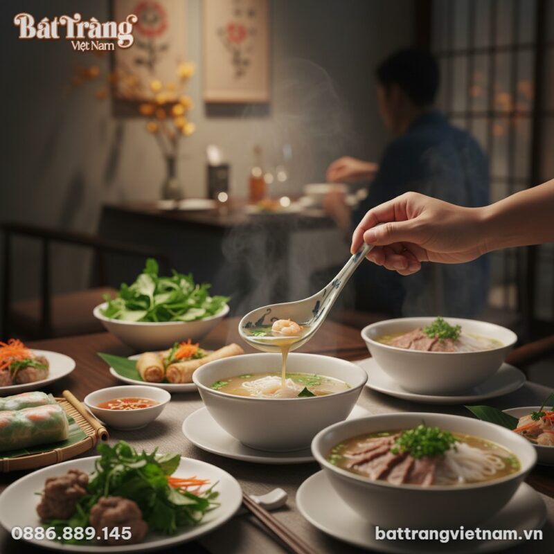 Trên bàn tiệc được bài trí tinh tế tại một nhà ...