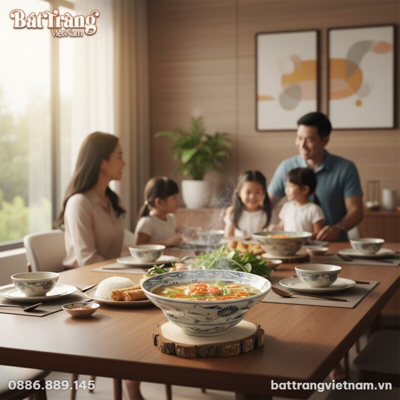 Một tô gốm Bát Tràng men trắng họa tiết hoa văn...