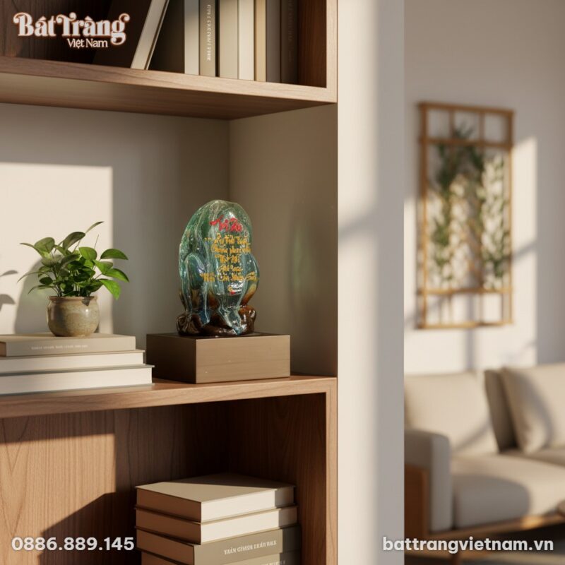 Tượng đá cuội thư pháp 'Tri Ân' men xanh ngọc v...