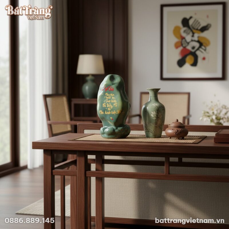 Tượng đá cuội thư pháp gốm sứ (cao 30cm) màu xa...